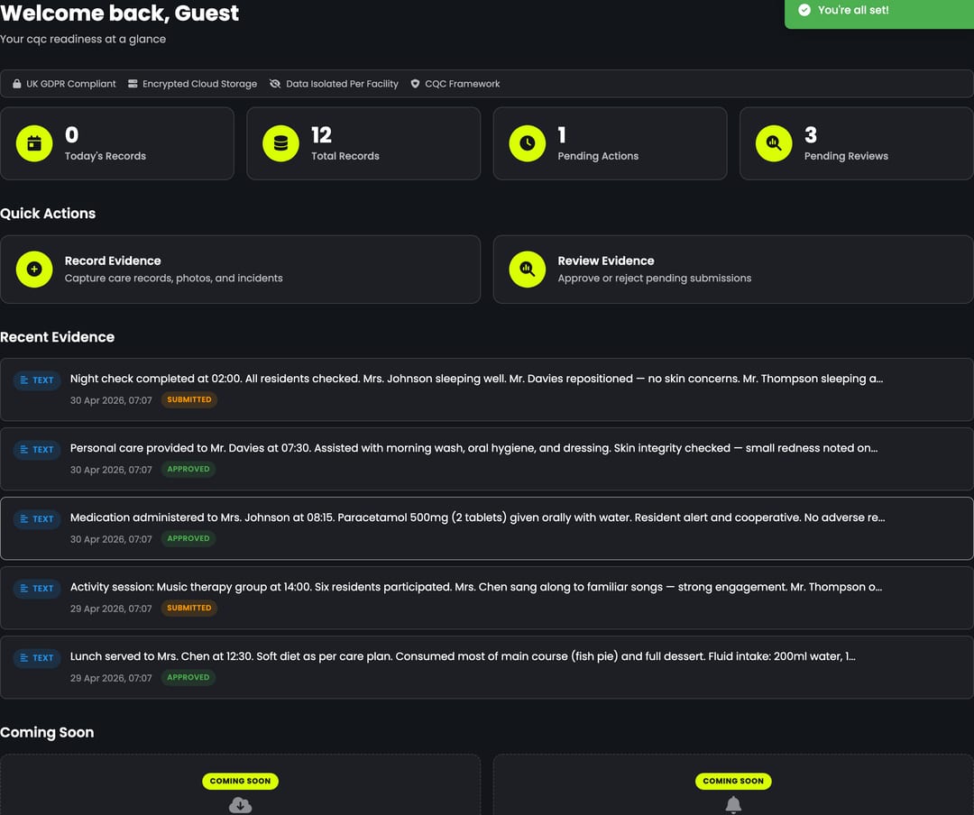 Dashboard — "Welcome back" with the live CQC readiness summary at a glance: today's records, total records, pending actions, and pending reviews as four KPI counters, plus quick actions for Record Evidence and Review Evidence. Recent Evidence stream shows the last shift's submissions (Night check completed, Personal care provided, Medication administered, Activity session, Lunch served) with TEXT badges + status (SUBMITTED / APPROVED) so the registered manager spots what's flowing through the home in real time — no paper file to open.