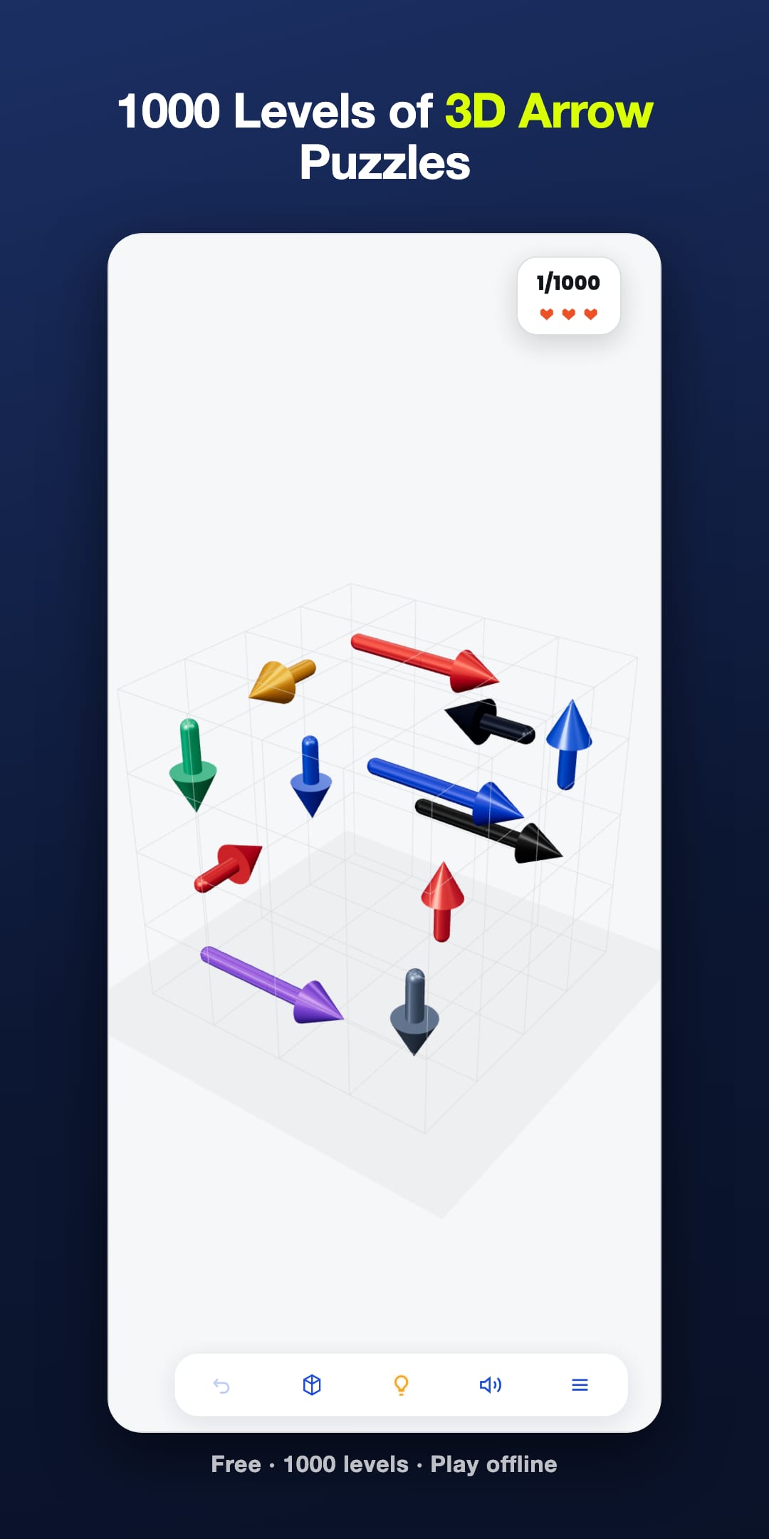 Every level is a cube of jammed arrows — read the chains before you tap