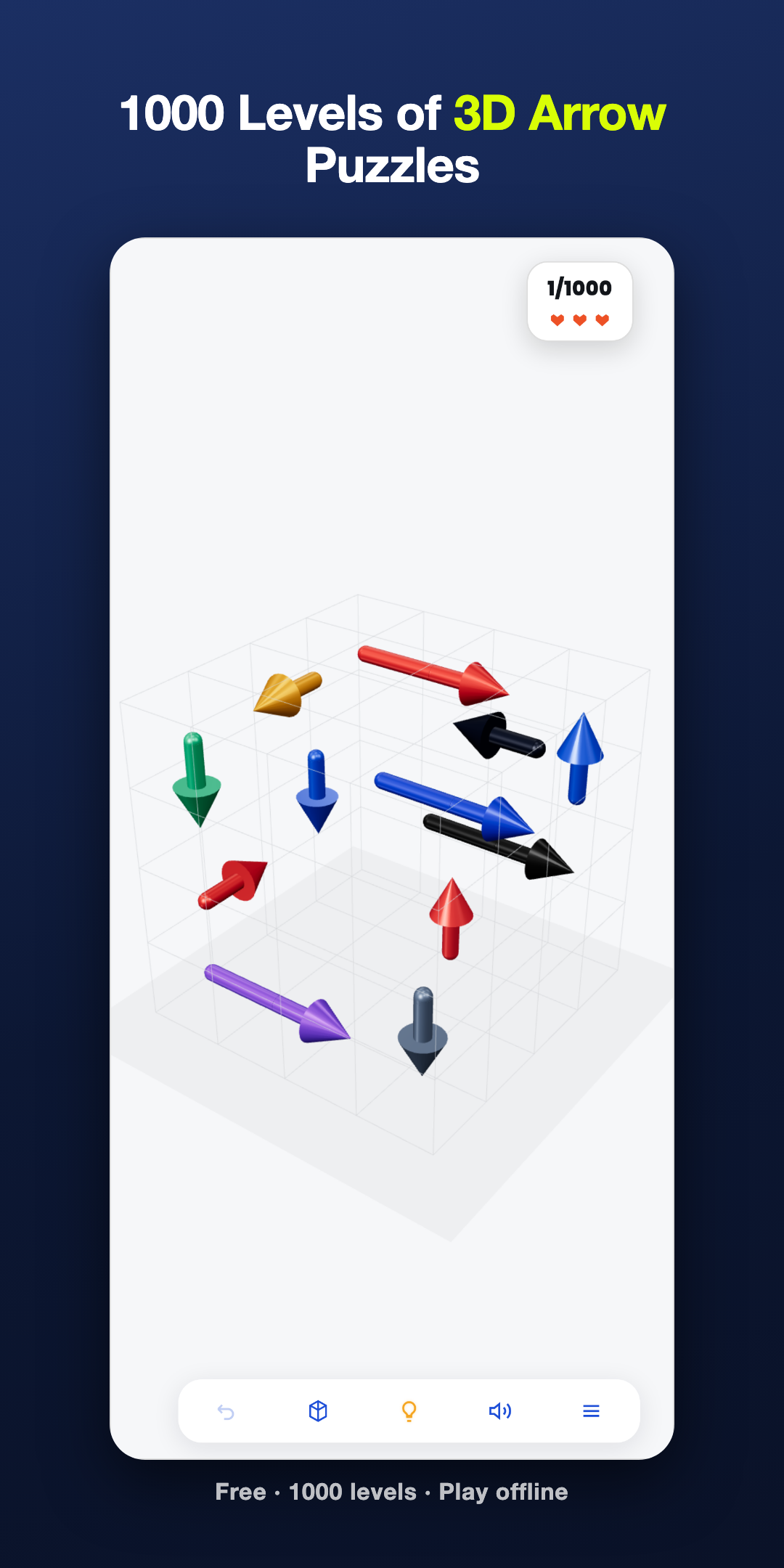 Every level is a cube of jammed arrows — read the chains before you tap