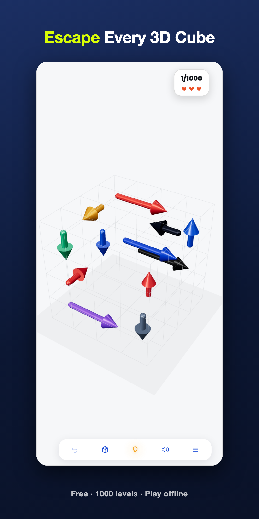 Unjam the arrows in the right order and empty the cube to escape