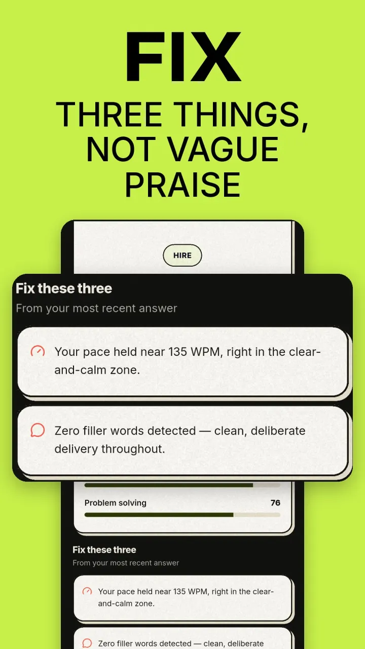 The Fix these three section from the most recent answer: pace held near 135 words per minute, and zero filler words detected