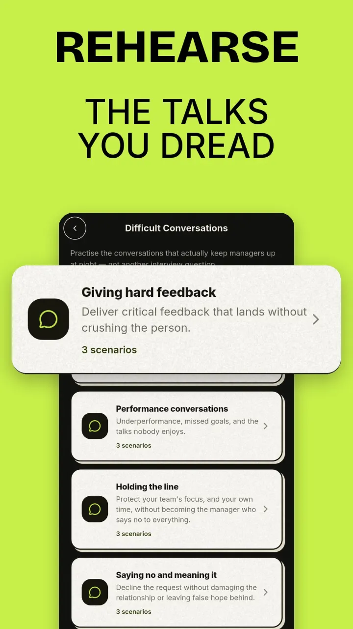 The Difficult Conversations list: Giving hard feedback, Performance conversations, Holding the line and Saying no and meaning it, three scenarios each