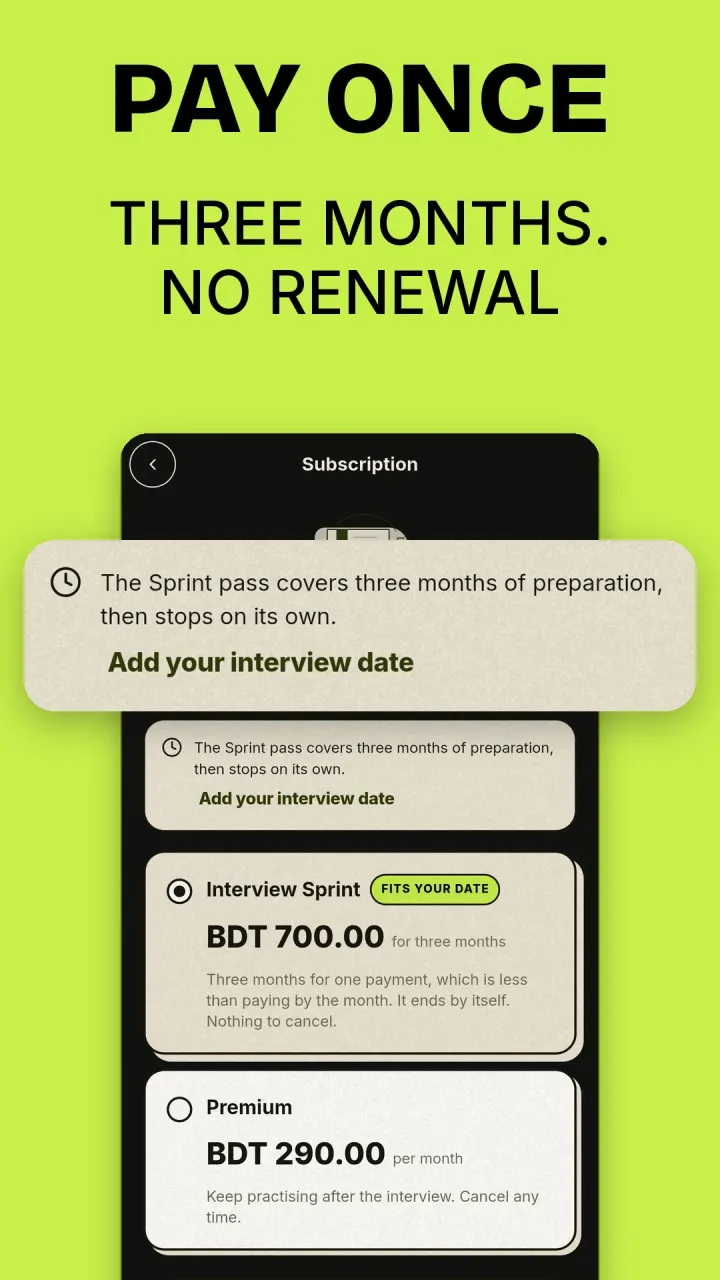 The subscription screen: a three-month Interview Sprint paid once and a monthly Premium plan, with an option to add your interview date