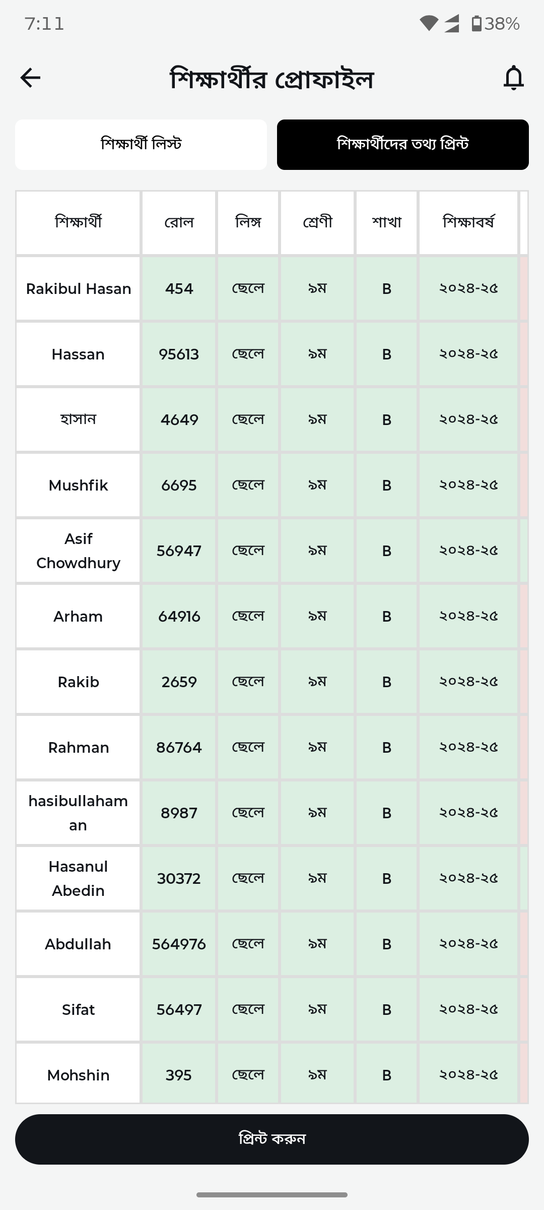 Student data table — after redesign