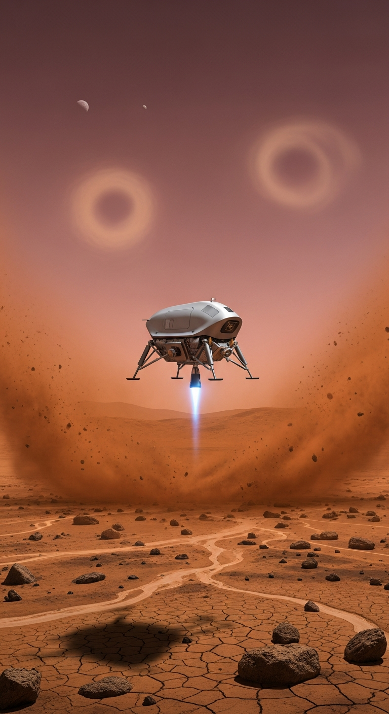 Mars Jezero dust-storm landing — thin atmosphere, low gravity, the world is watching