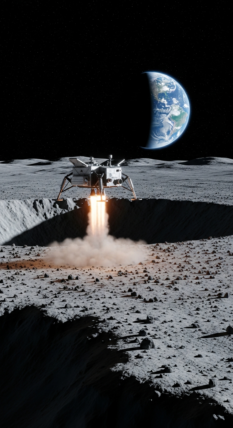 Moon Shackleton landing — one-sixth gravity, no atmosphere, Apollo-site precision
