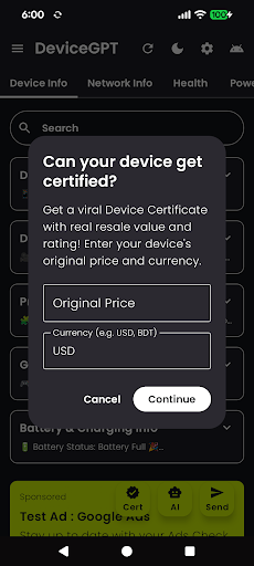 Battery health, temperature, and power consumption in watts