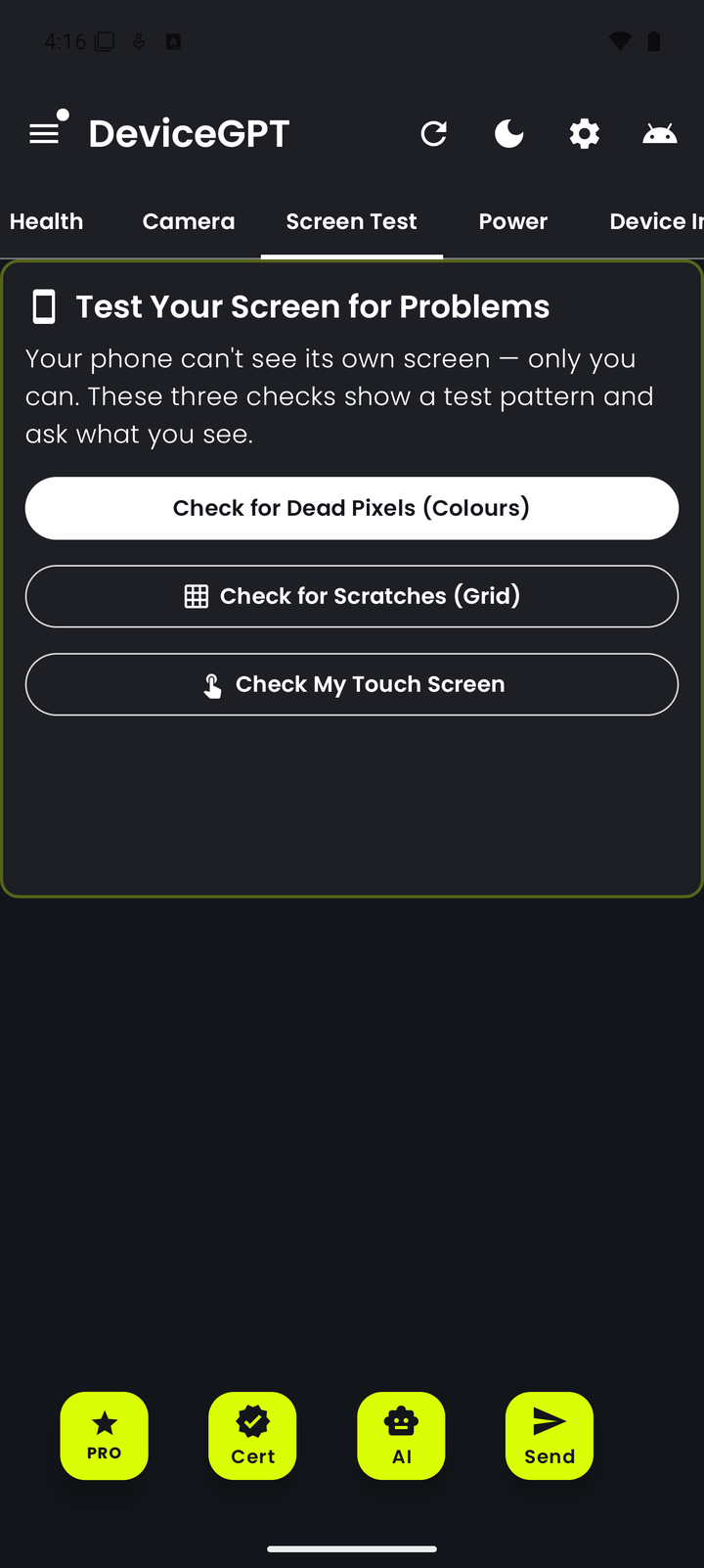 DeviceGPT screen test menu — three checks: dead pixels, scratches, and touch