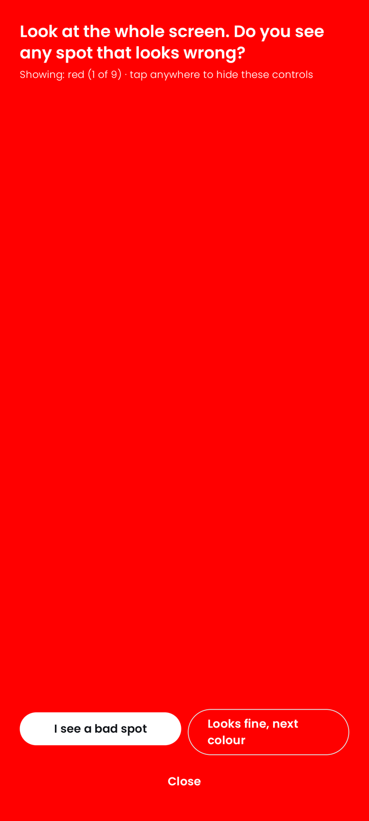 DeviceGPT showing a full-bleed red screen, 1 of 9, asking whether any spot looks wrong