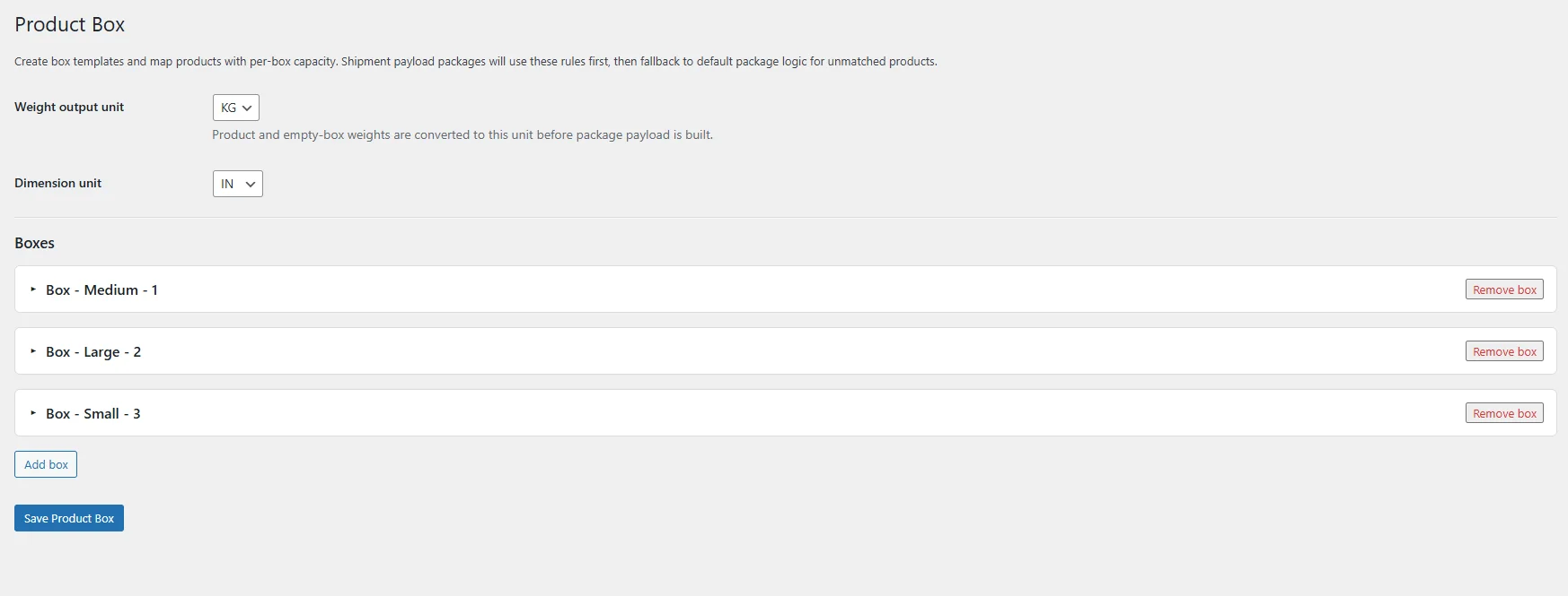 Box management list with active/archived toggle controls per row.