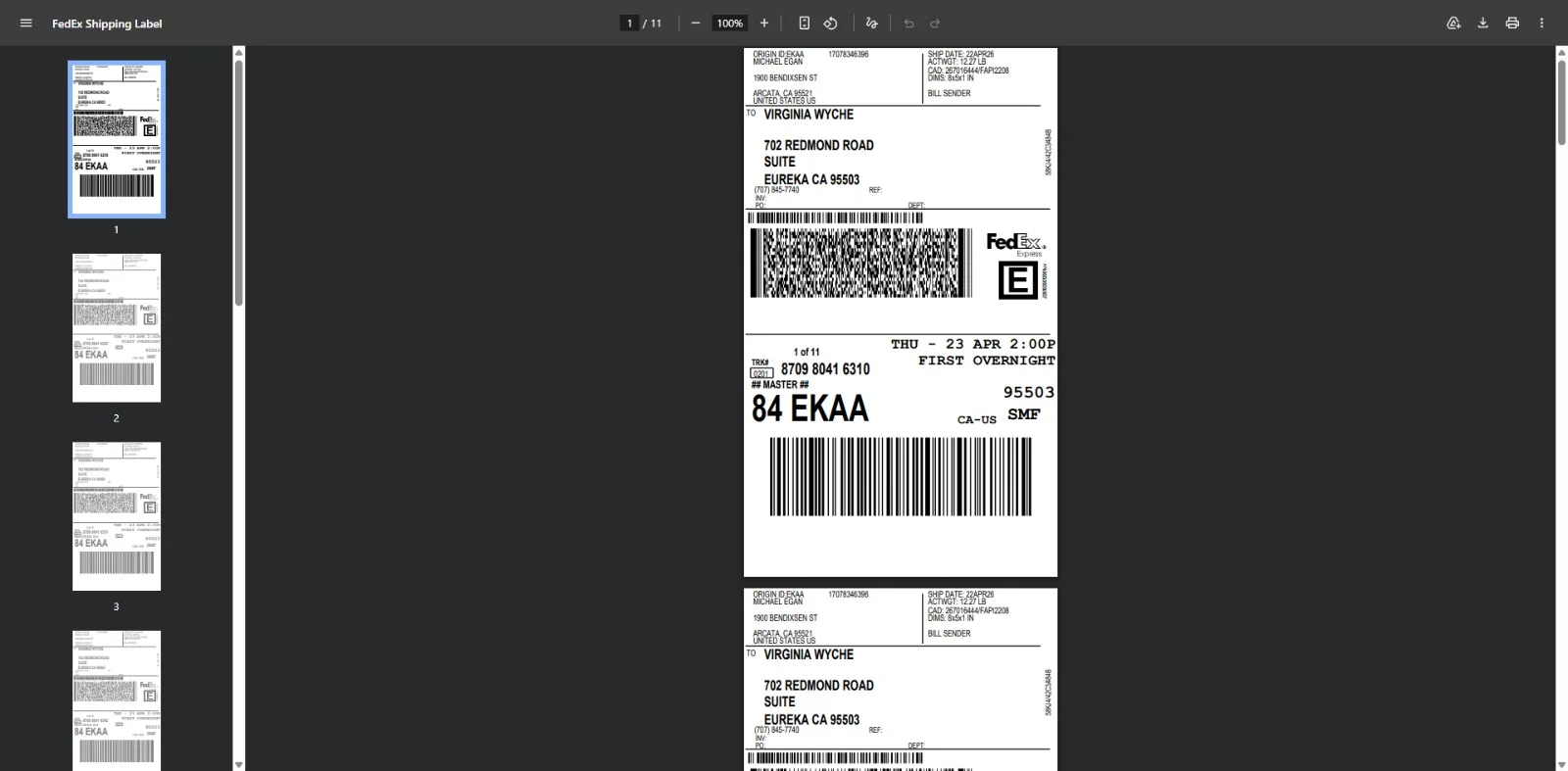 Generated FedEx shipping label preview with barcode and tracking number.