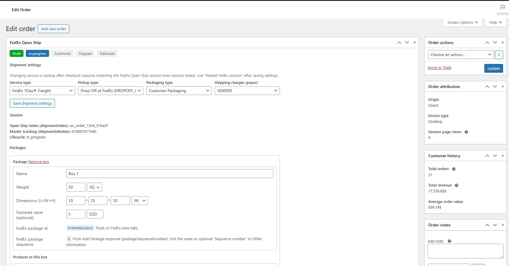 Box assignment inside an open shipment with dim-weight calculator.