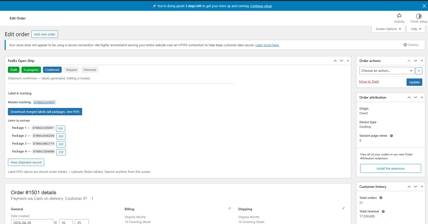 Completed open shipment with master tracking number, label set, and uploaded customs documents.