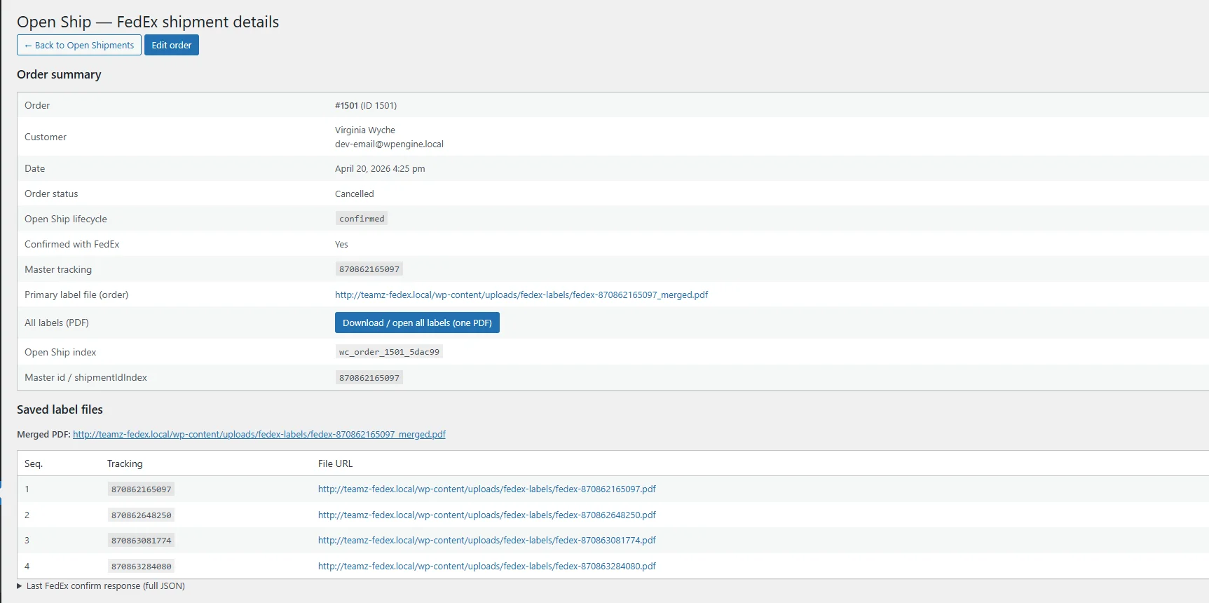 Open Shipment details view with per-package weight, dims, and accessorials.
