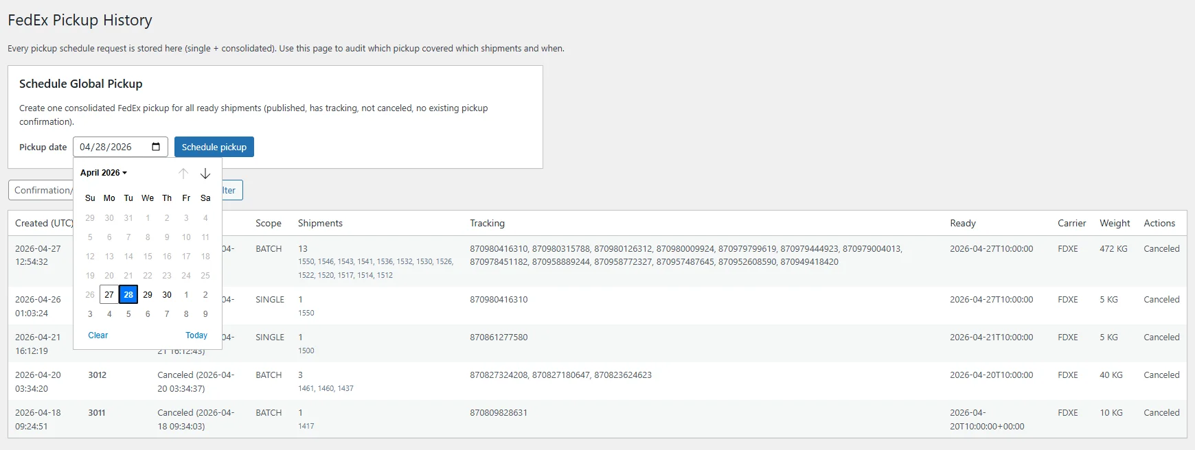 Pickup scheduling form with date, window, and ready-time picker.
