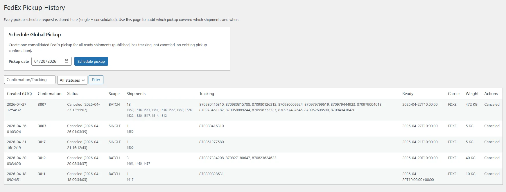 Pickup confirmation with confirmation number and cancel option.