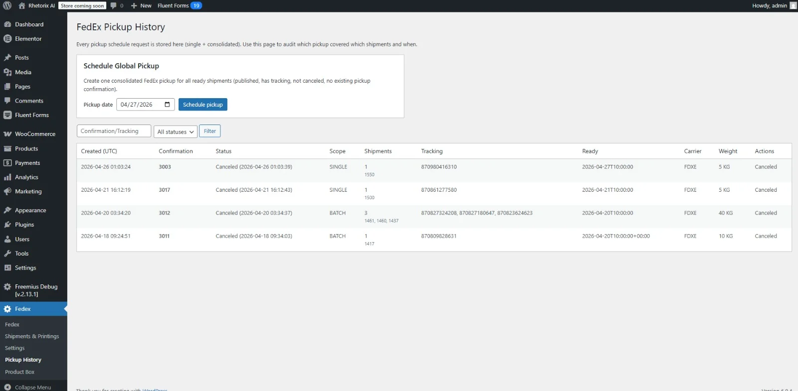 Pickup history table with date, status, confirmation columns and HAL events.