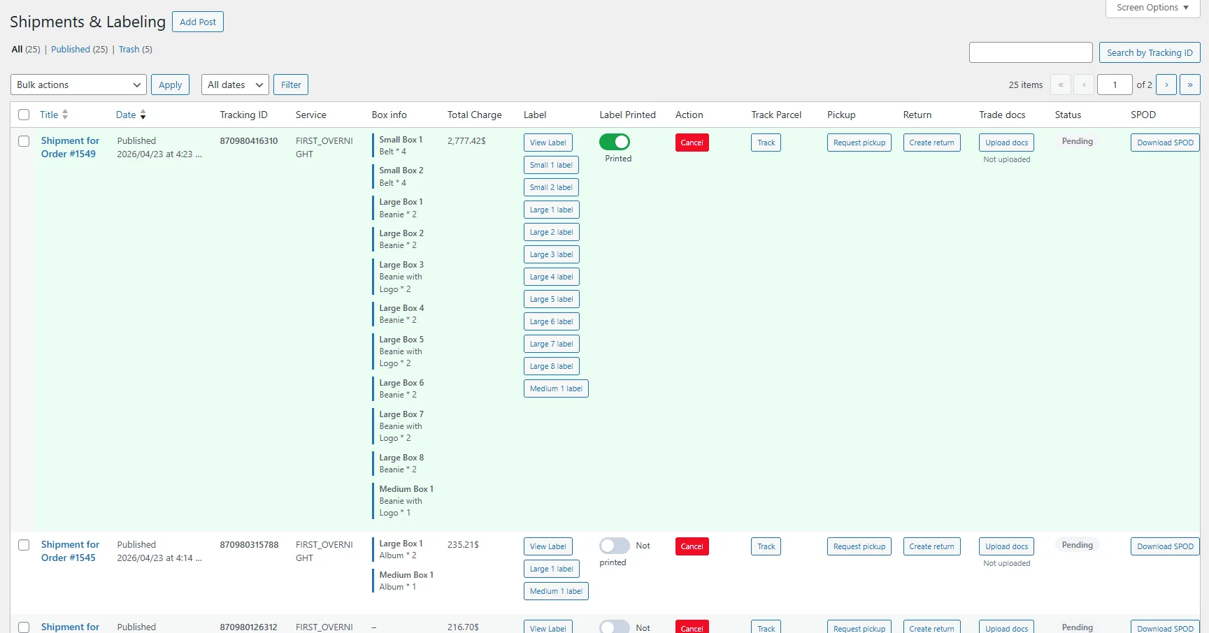 Order listing inside FedEx ship API with bulk-ship controls.