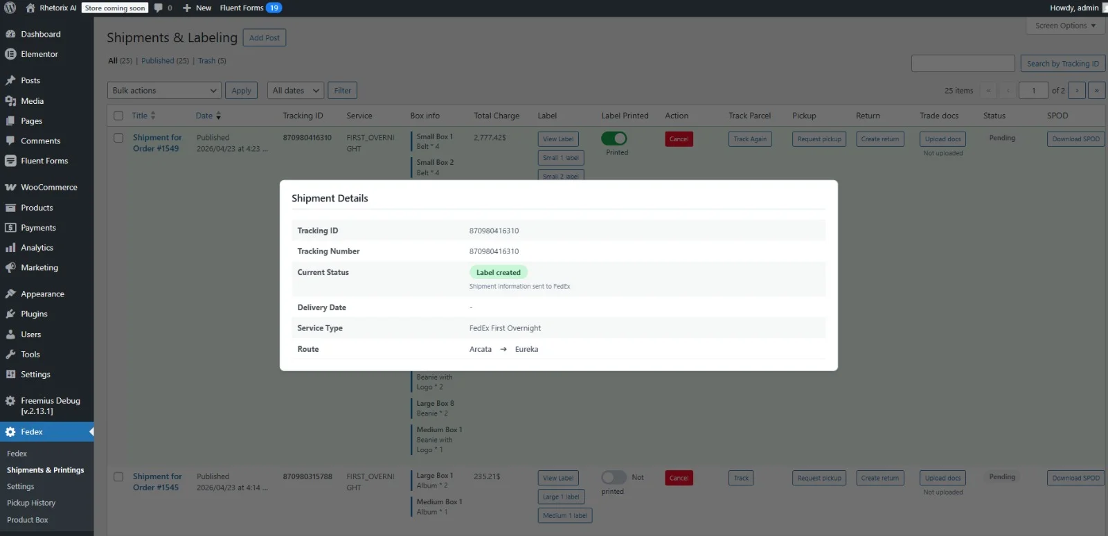 Customer-facing FedEx tracking timeline rendered by the Teamz Lab plugin, showing live status events pushed via AIV webhook.