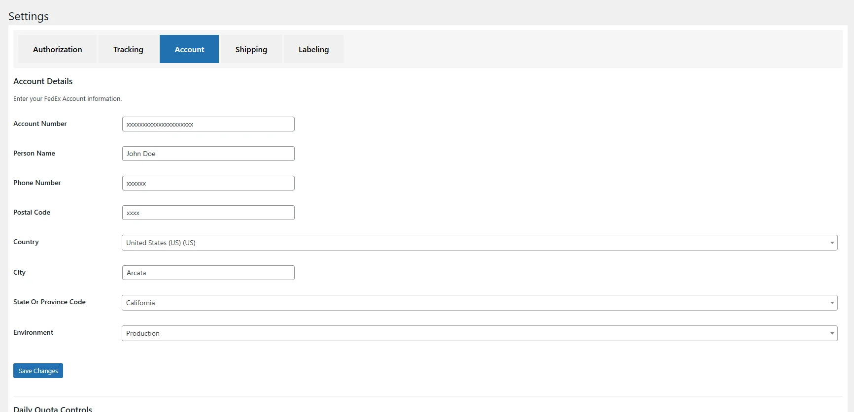 Account settings screen with FedEx account number, meter number, and contact info inputs.
