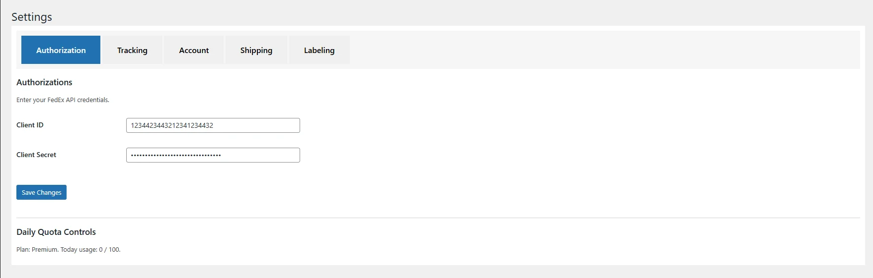 OAuth credentials screen inside the Teamz Lab FedEx WooCommerce plugin admin, with sandbox and production toggles.