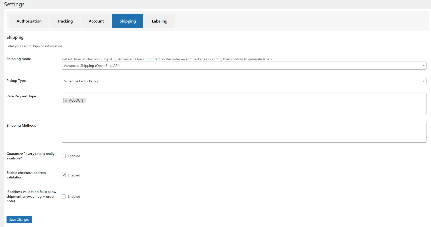 Shipping settings configuration with zones, services, and rate behavior options.