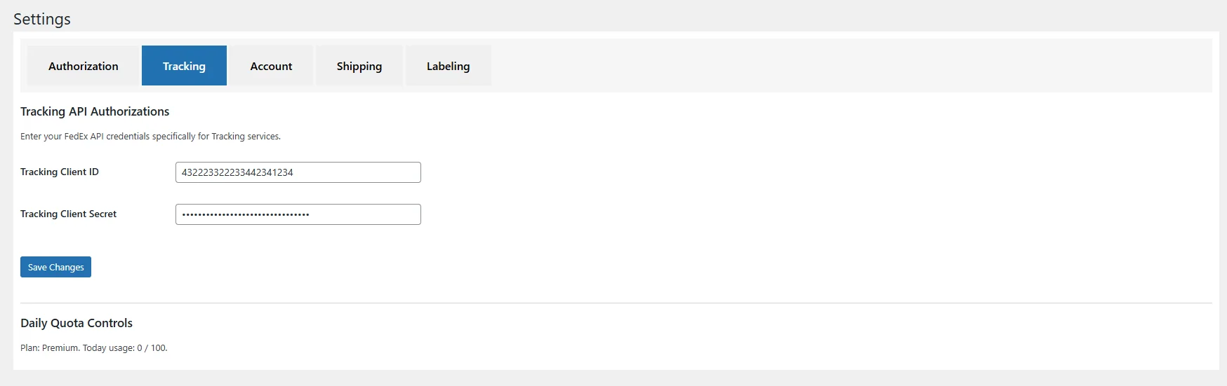 Tracking webhook configuration screen with AIV subscription and HMAC secret fields.