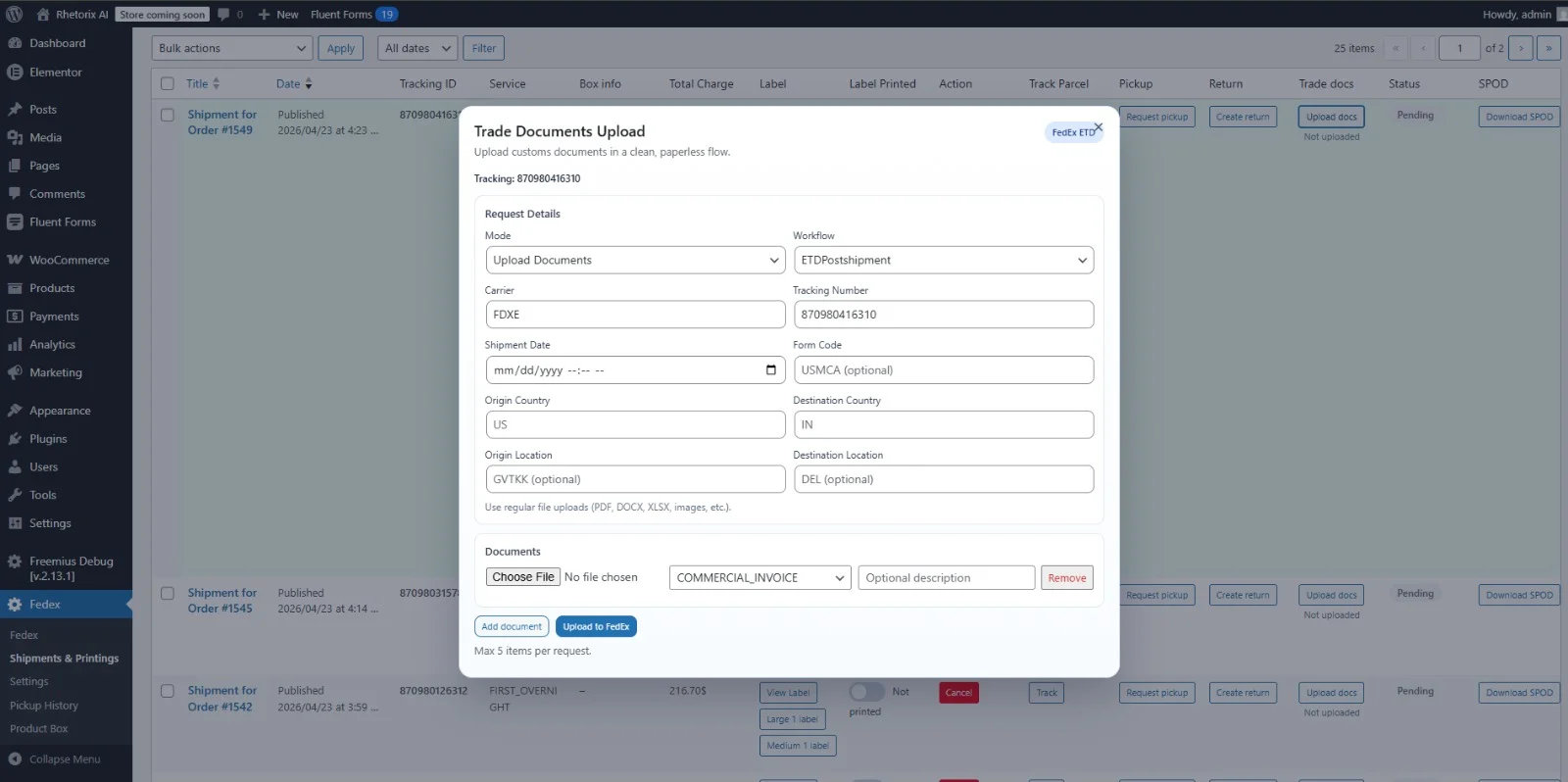 Trade license upload screen for international shipments and ETD compliance.