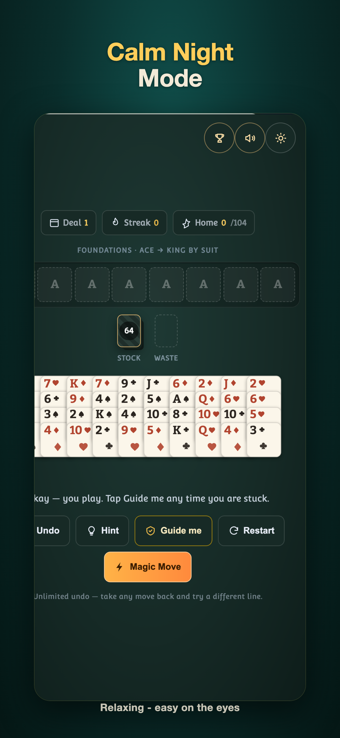 Calm Night mode — a soft dark table for relaxing play