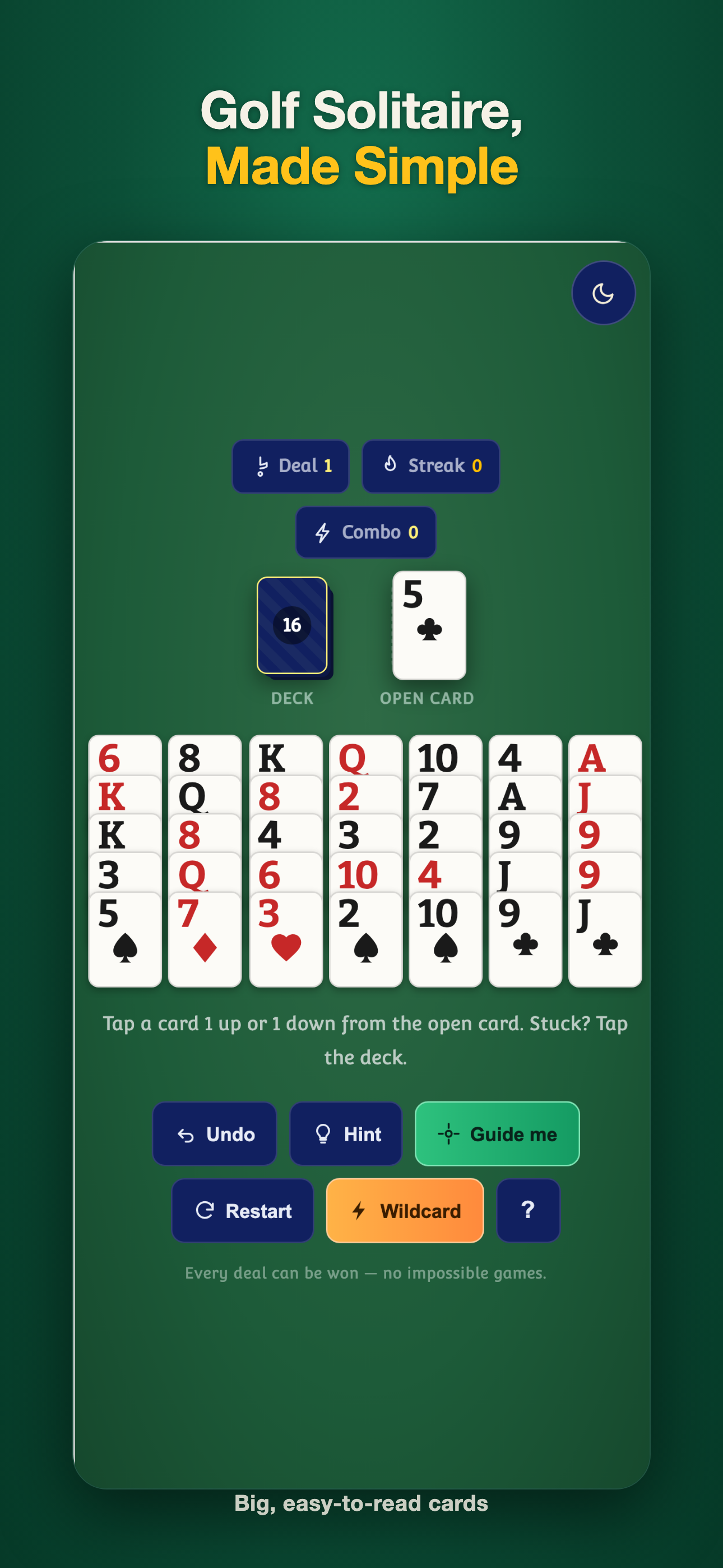 Tap a card one rank higher or lower to clear the table