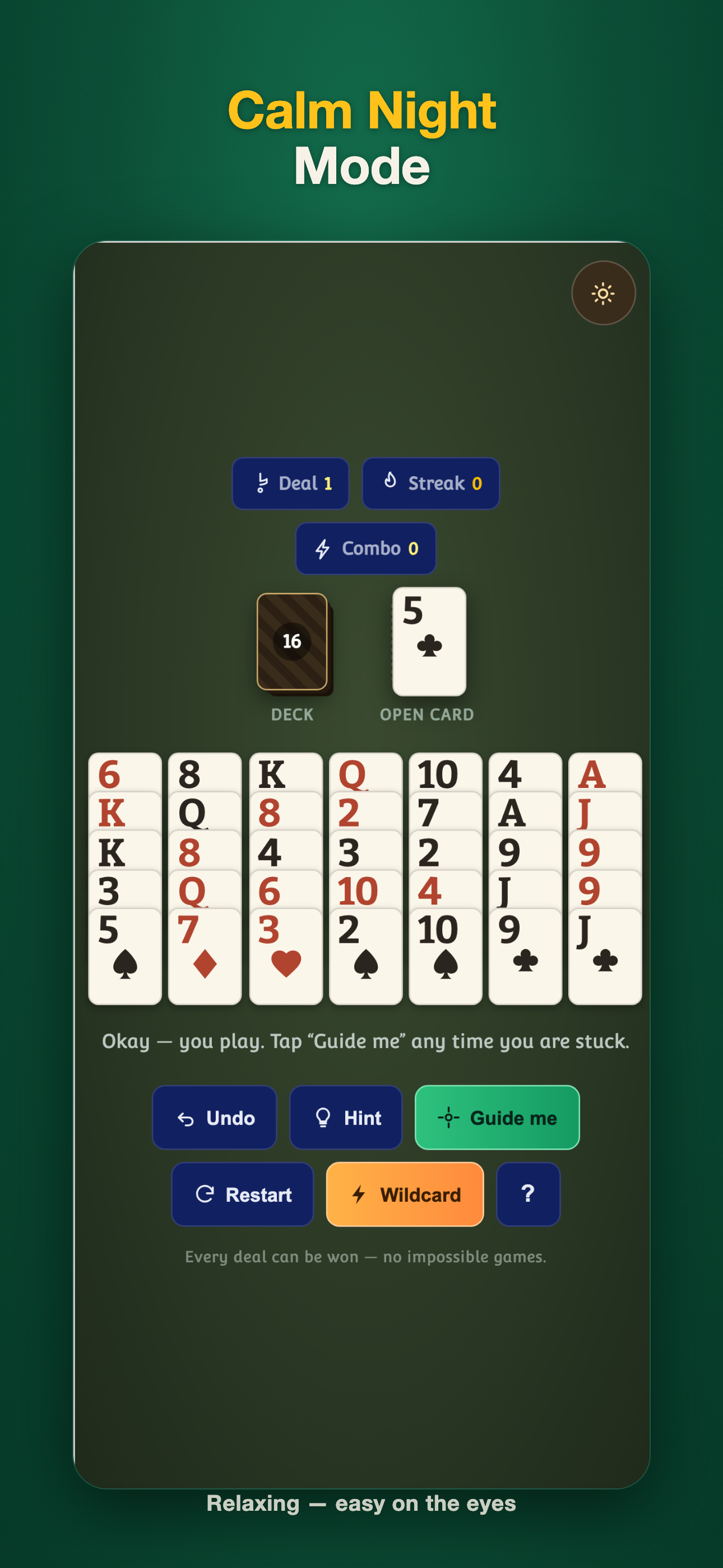 Calm Night mode — a soft dark table for relaxing play