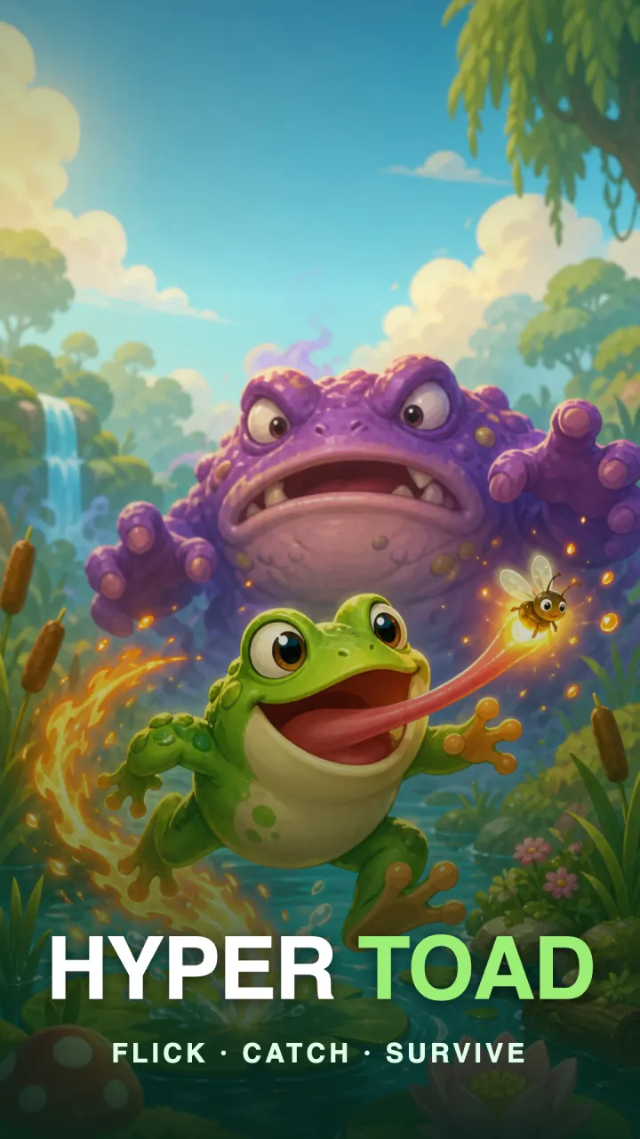 The listing key art: a green toad flicking its tongue at a bee in front of a snarling purple giant toad
