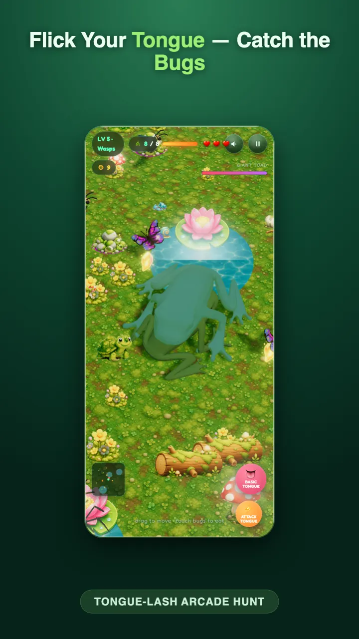 Level 5 on the pond: a wasp level with a bug counter, hearts and a Giant Toad health bar along the top