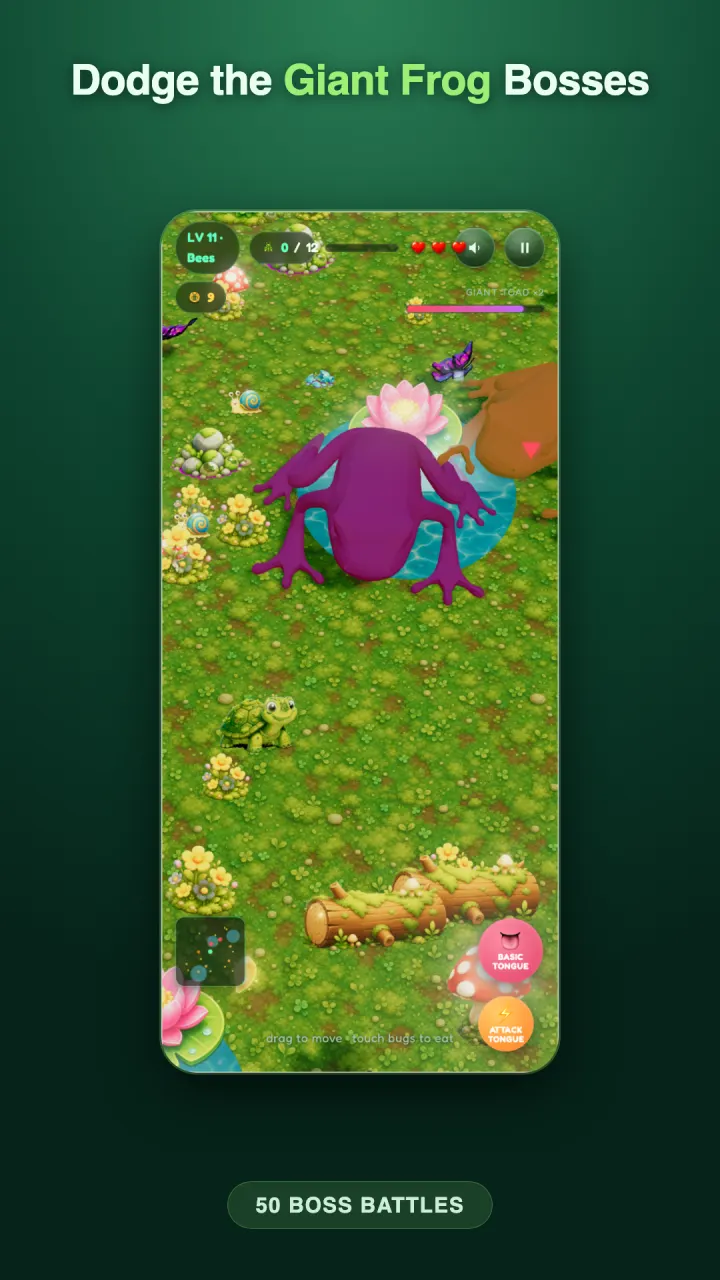 Level 11, a bees level with two giant toads on the field, a purple one by the lily pad and a brown one at the screen edge