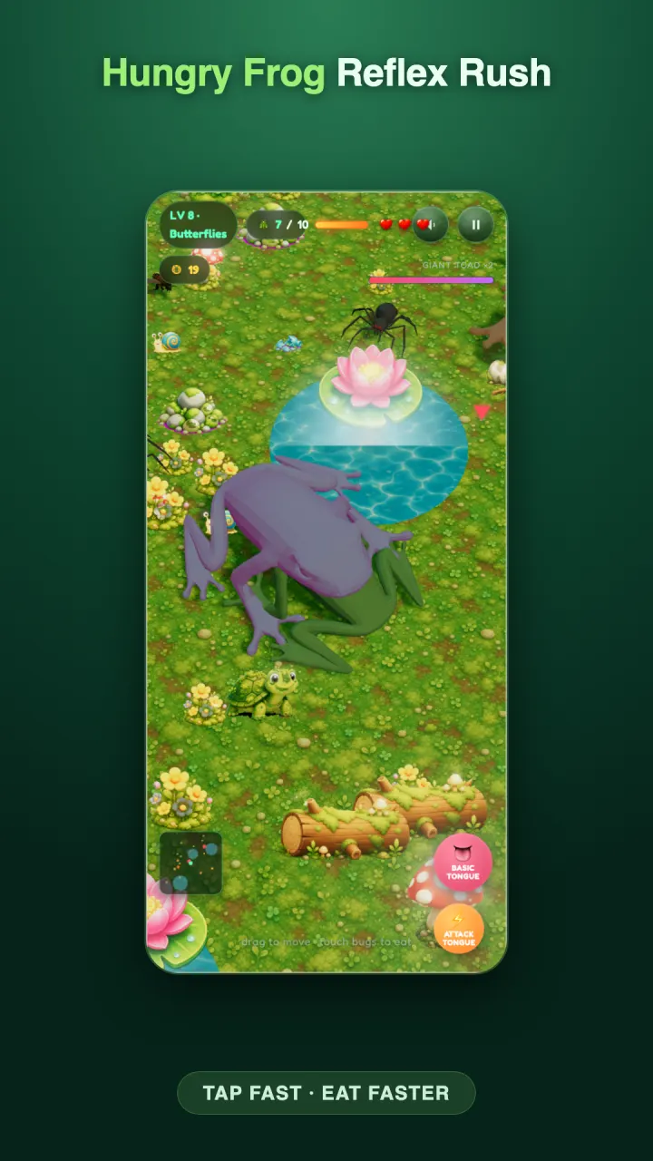 Level 8, a butterflies level: 7 of 10 bugs caught, with a spider on the lily pad and a purple giant toad closing in