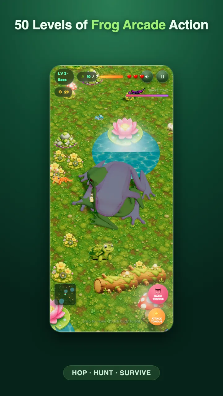 Level 3, a bees level, with a giant toad moving across the middle of the pond and the minimap in the bottom left