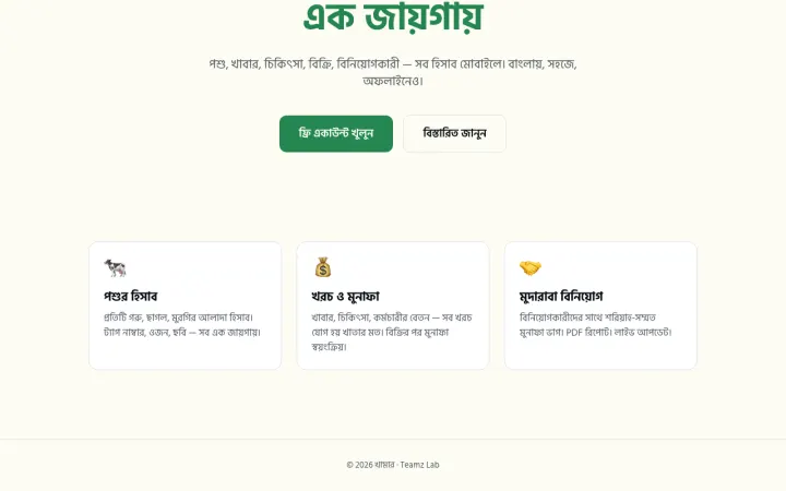 The three feature cards on the front page: animal records (a separate record for each cow, goat and chicken with tag number, weight and photos), costs and profit, and Mudaraba investment with PDF reports and live updates.