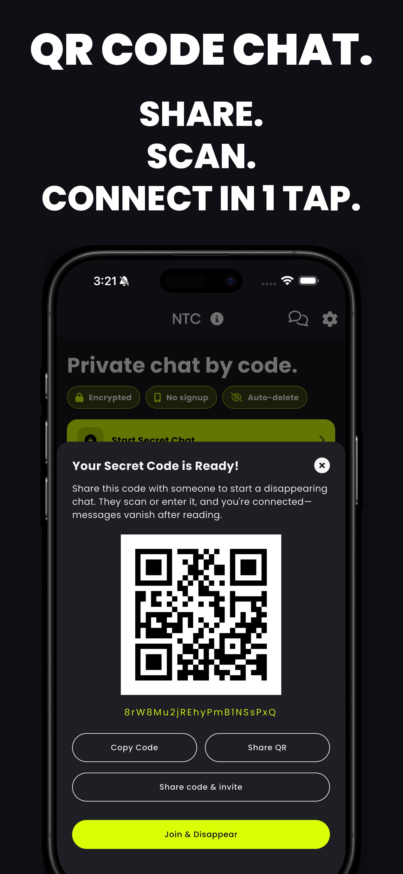 QR code chat app — share or scan, connect in 1 tap.