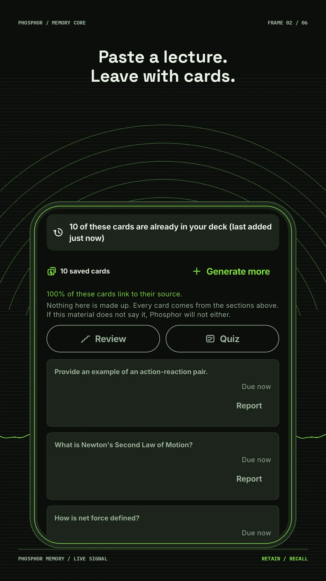 Phosphor deck screen with 10 saved flashcards, every card linked to its source, plus Review and Quiz buttons
