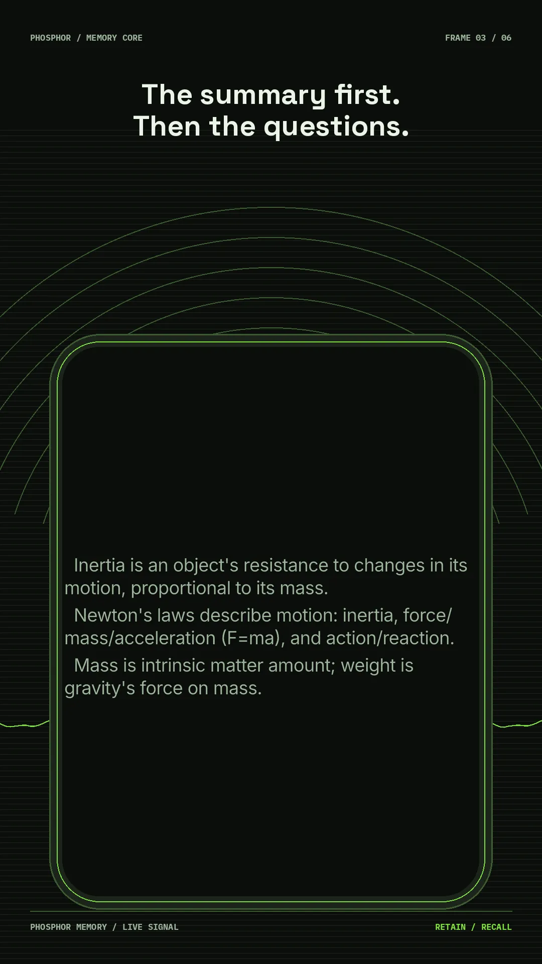 AI-written summary of a physics lecture on Newton's laws, shown before the questions