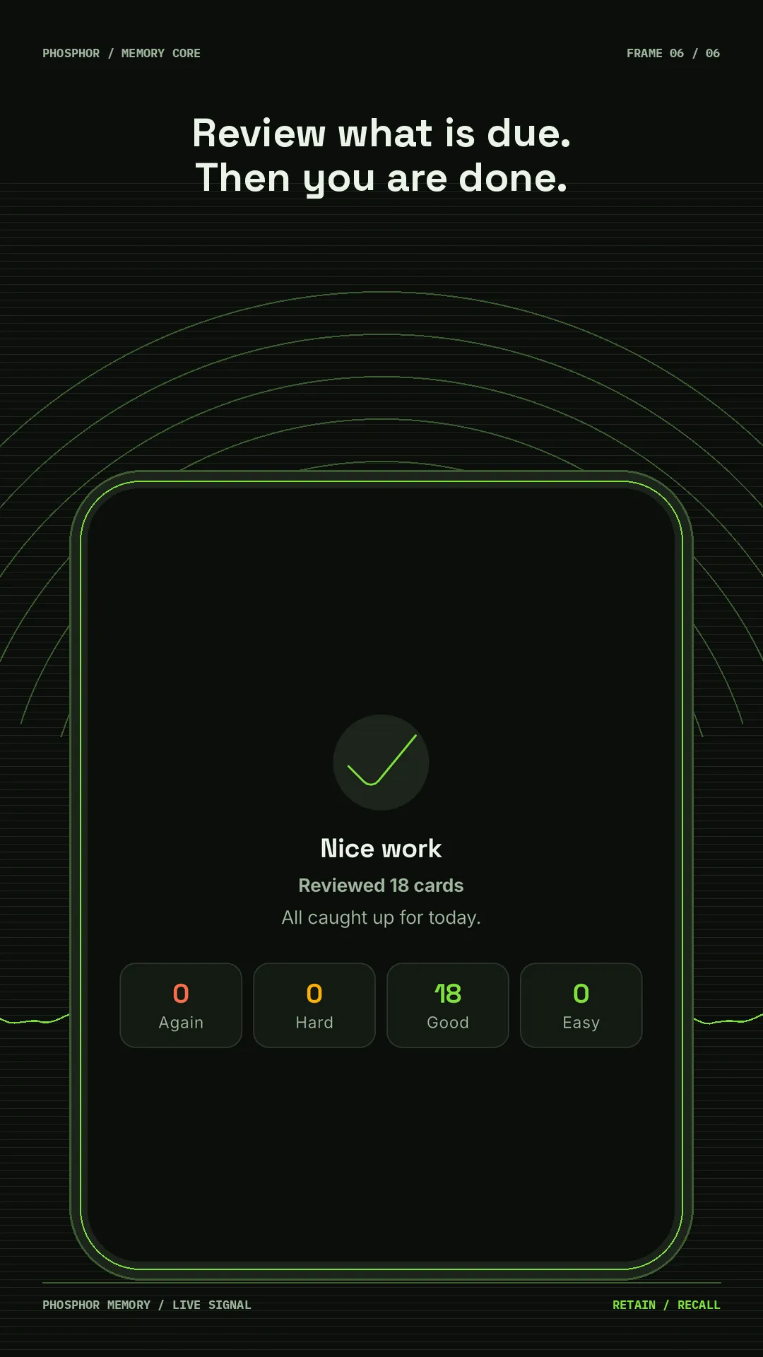 Review complete screen: 18 flashcards reviewed, all caught up for today