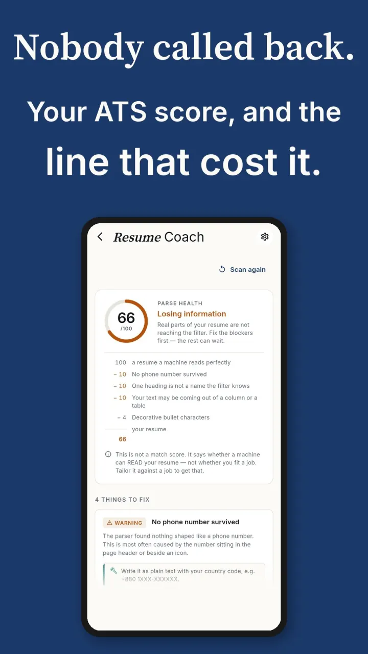 A parse health score of 66 out of 100, with each deduction listed — no phone number, an unknown heading, text coming out of a column, decorative bullets
