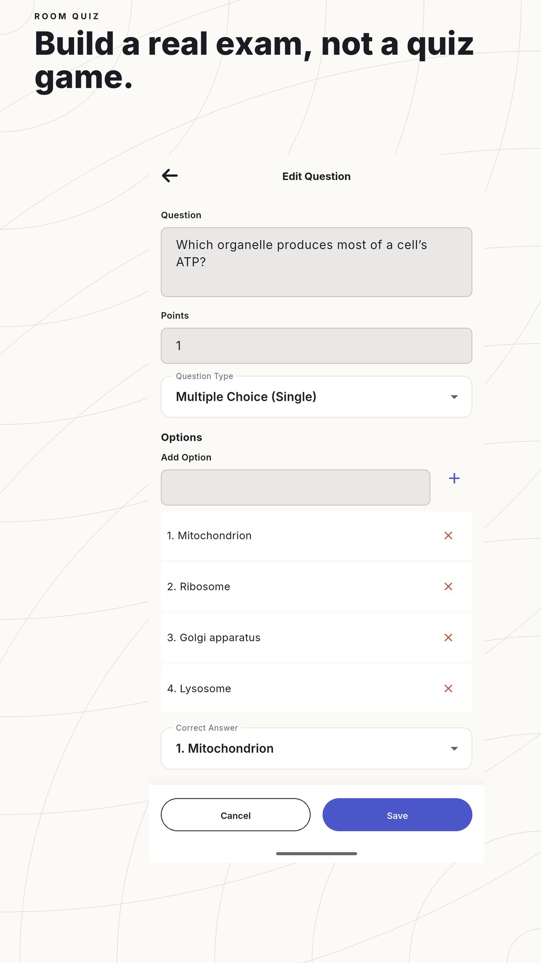 The question editor — a Multiple Choice (Single) question on ATP with four options, points, and the correct answer picked
