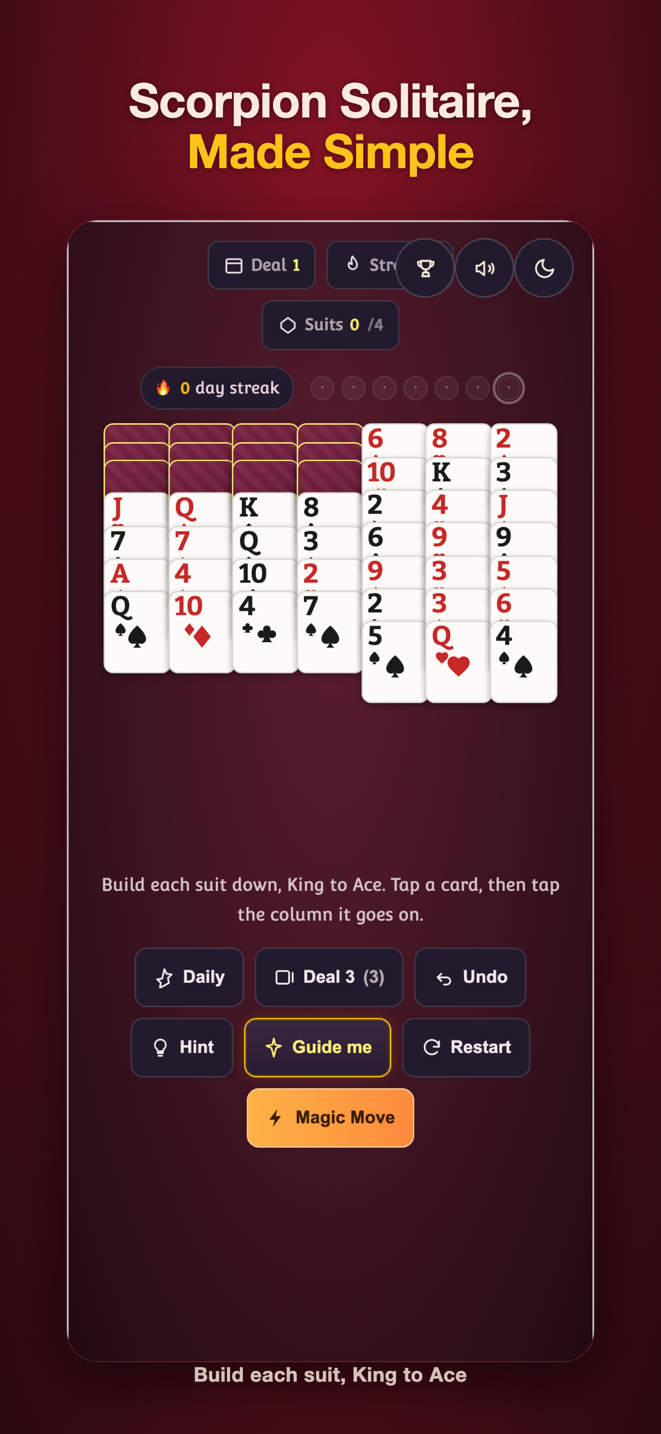 Build each suit down from King to Ace on the table