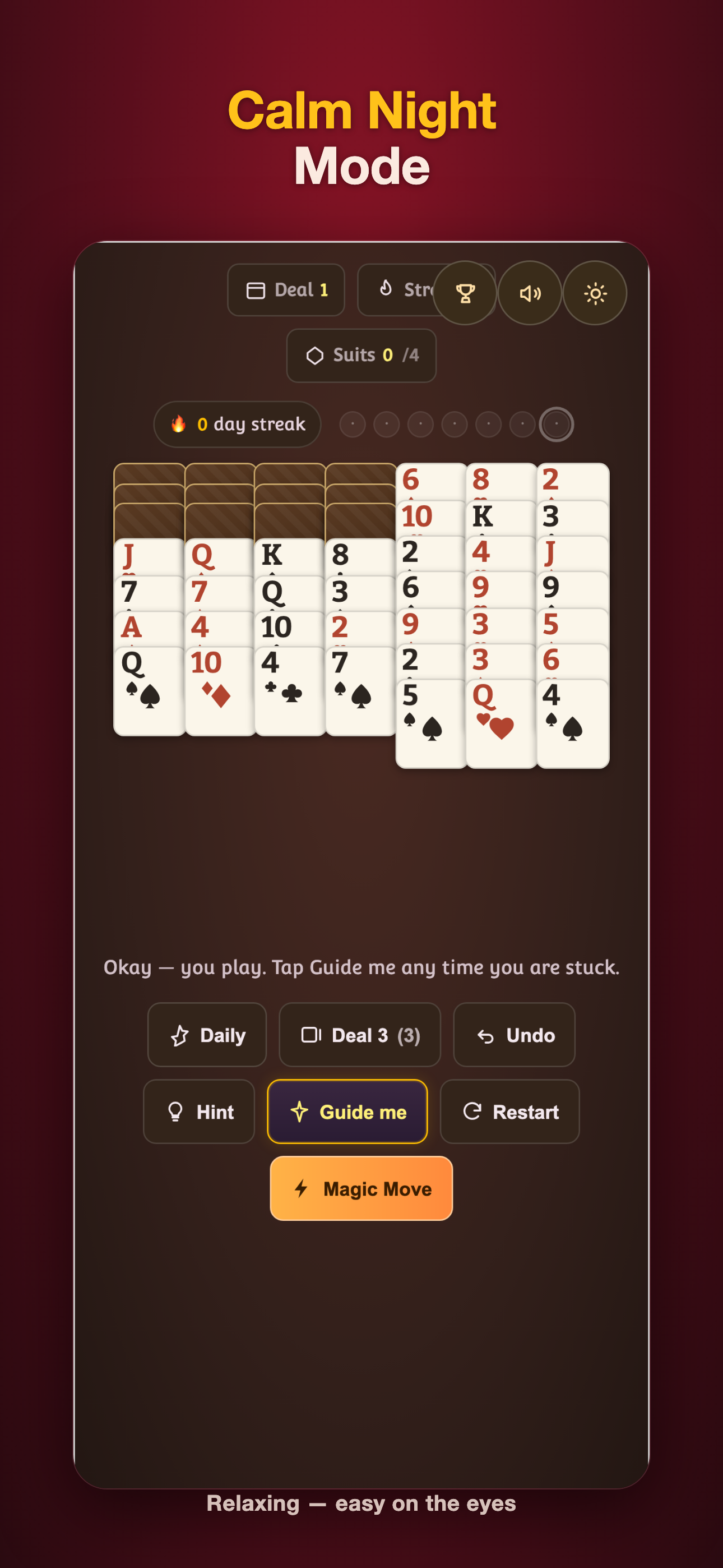 Calm Night mode — a soft dark table for relaxing play